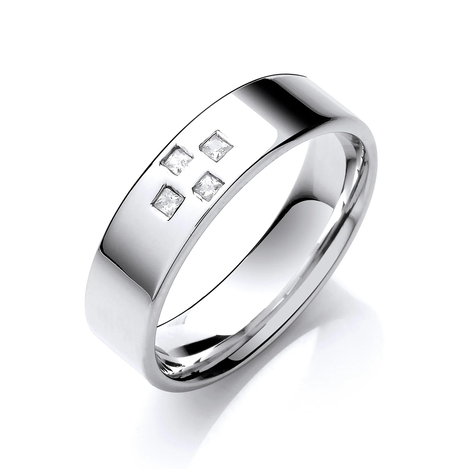 0.08ctw 4st P/C Diamond Set 6mm Flat Court Cross Style Wedding Band - Platinum