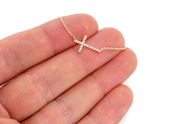0.10ct Diamond Sideways Cross Connected Necklace 18K Solid Gold - Image 3