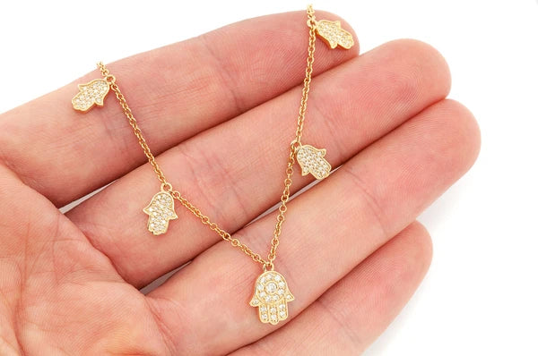0.40ct Diamond 5 Hamsa Rolo Connected Necklace 18K Solid Gold - Image 12