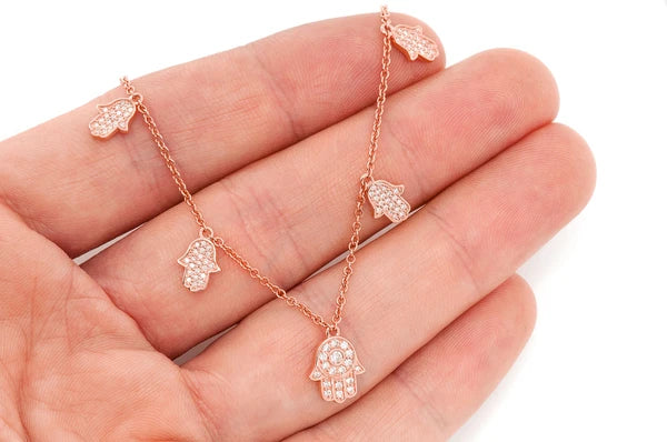 0.40ct Diamond 5 Hamsa Rolo Connected Necklace 18K Solid Gold - Image 8