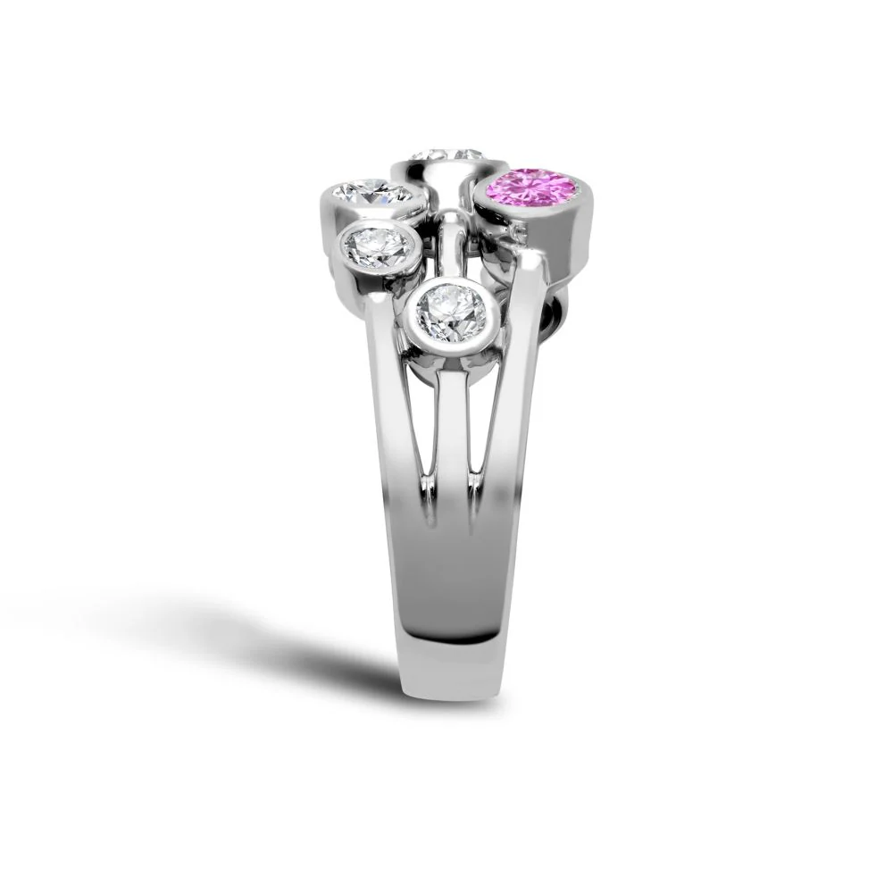 18ct White Gold 0.37cts Natural Diamond 0.45cts Pink Sapphire 3 Row Bubble Ring - Image 3