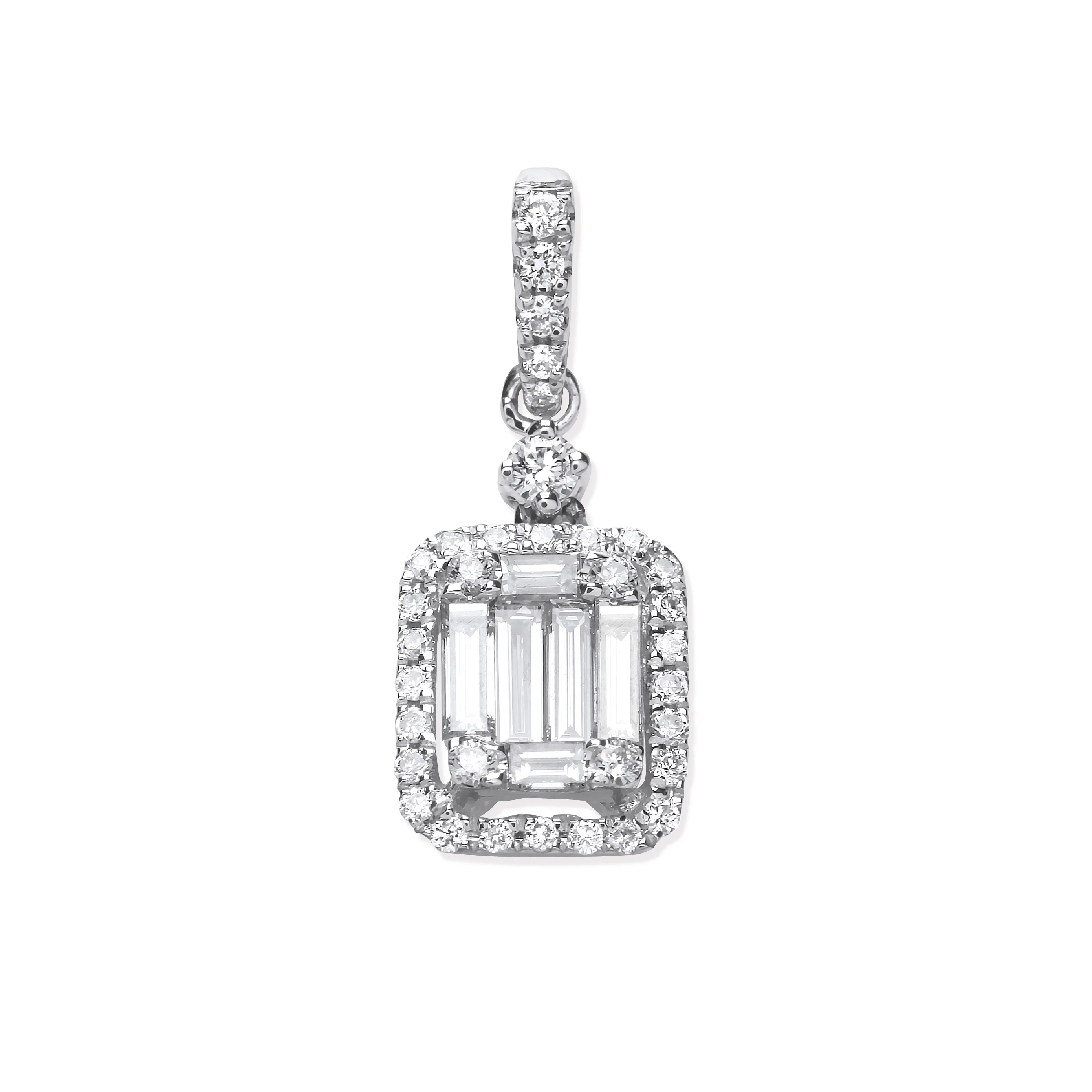 18ct White Gold 0.40ct Baguette & Brilliant Cut Diamond Rectangle Halo Pendant - 18ct Gold