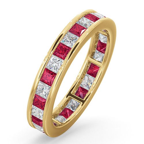 18ct Yellow Gold Channel Set Princess Cut Full Eternity Ring Natural Diamond 1.00ct Ruby 1.25ct H Si