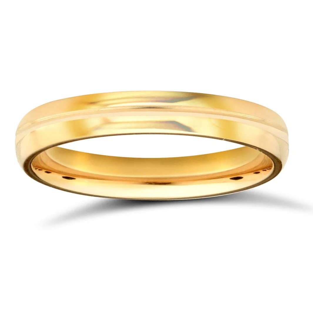 22ct Yellow Gold Standard Weight 3mm D Shaped Profile Centre Groove Wedding Ring
