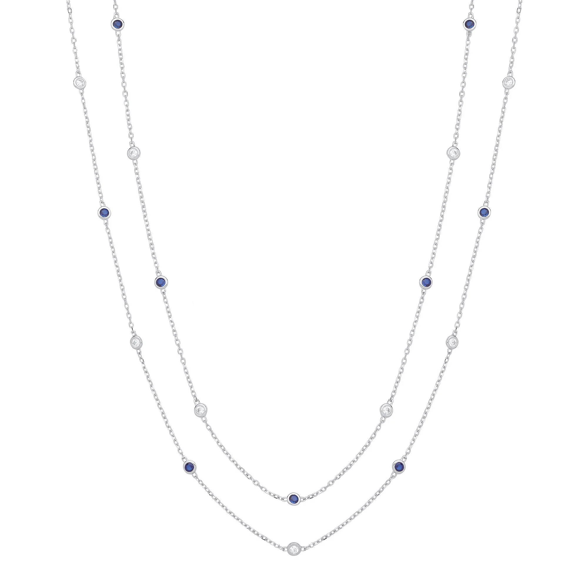 38" Silver Rubover Blue & Clear Cubic Zirconia's Necklace - Silver