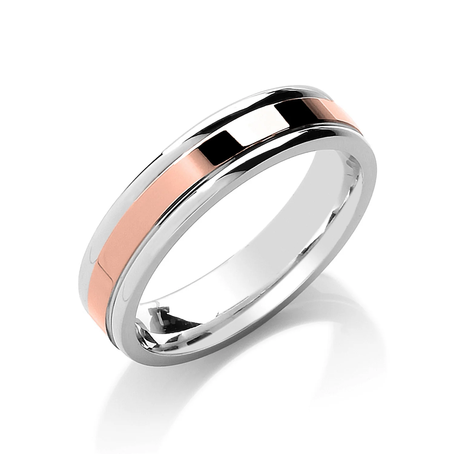 5mm Flat Court Two Colour with Parallel Groove Wedding Band - 18ct Gold - Image 2