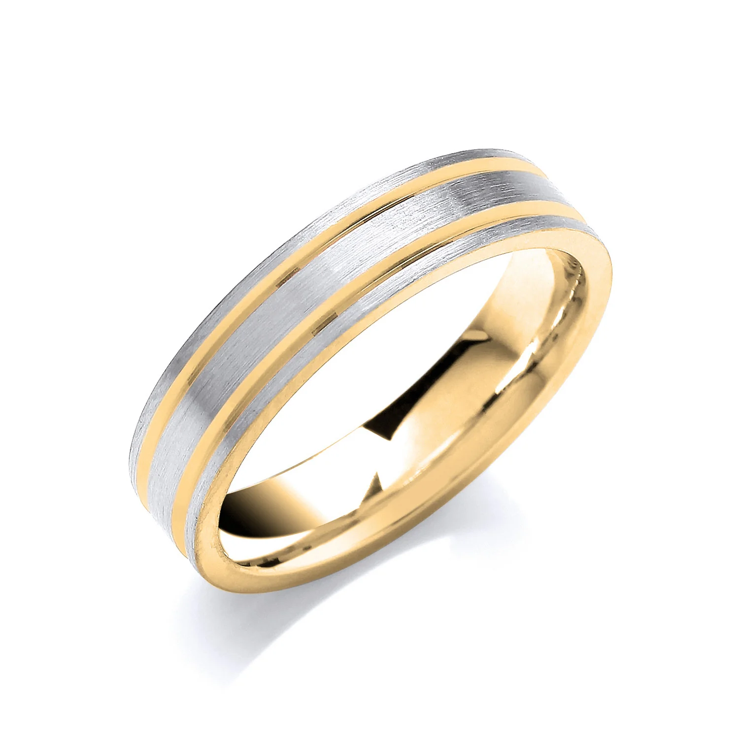 5mm Two Colour Flat Court Matt Finish Parallel Groove Wedding Band - 18ct Gold - Image 2
