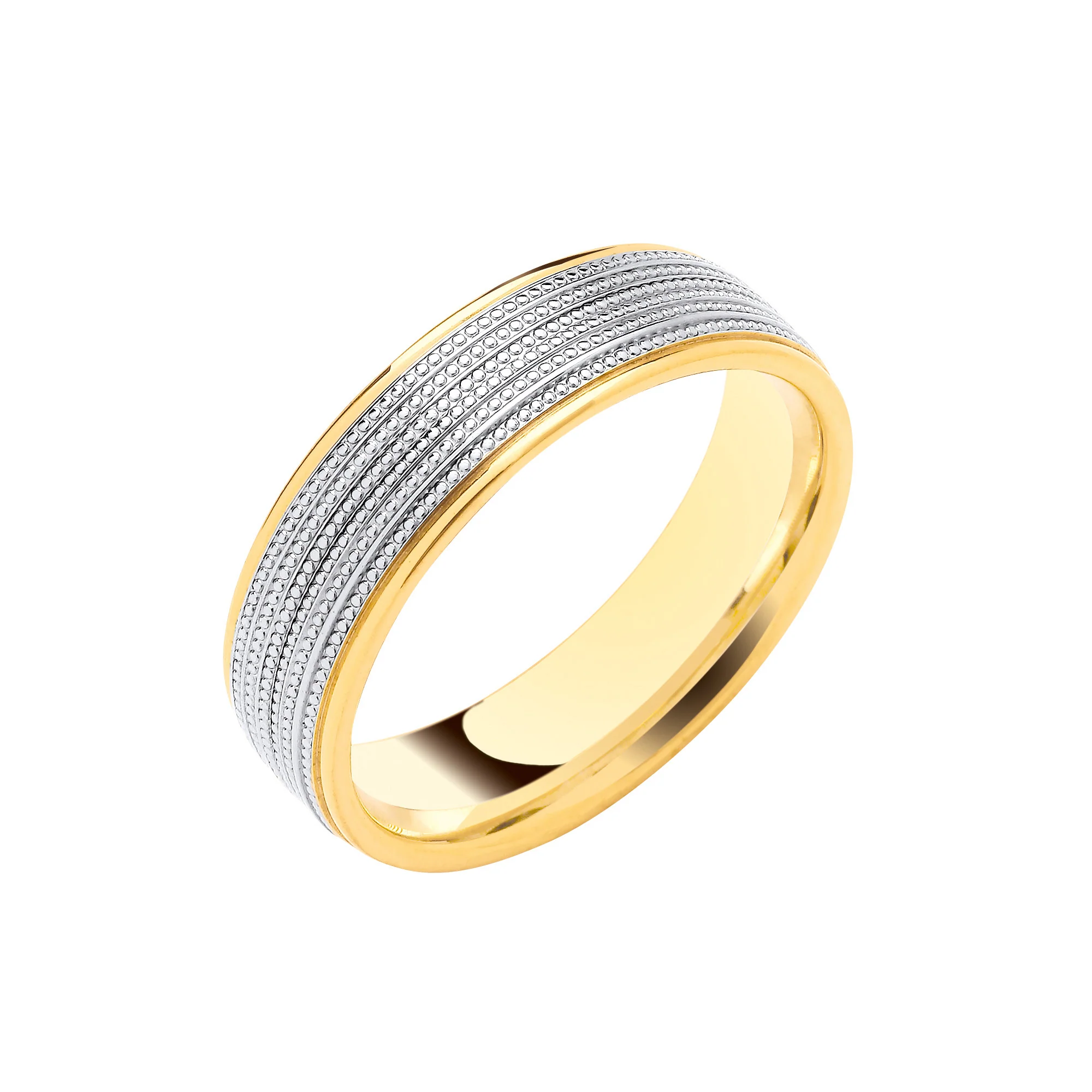 6mm Flat Court Two Colour Mill Grain Centre Wedding Band - 18ct Gold - Image 2