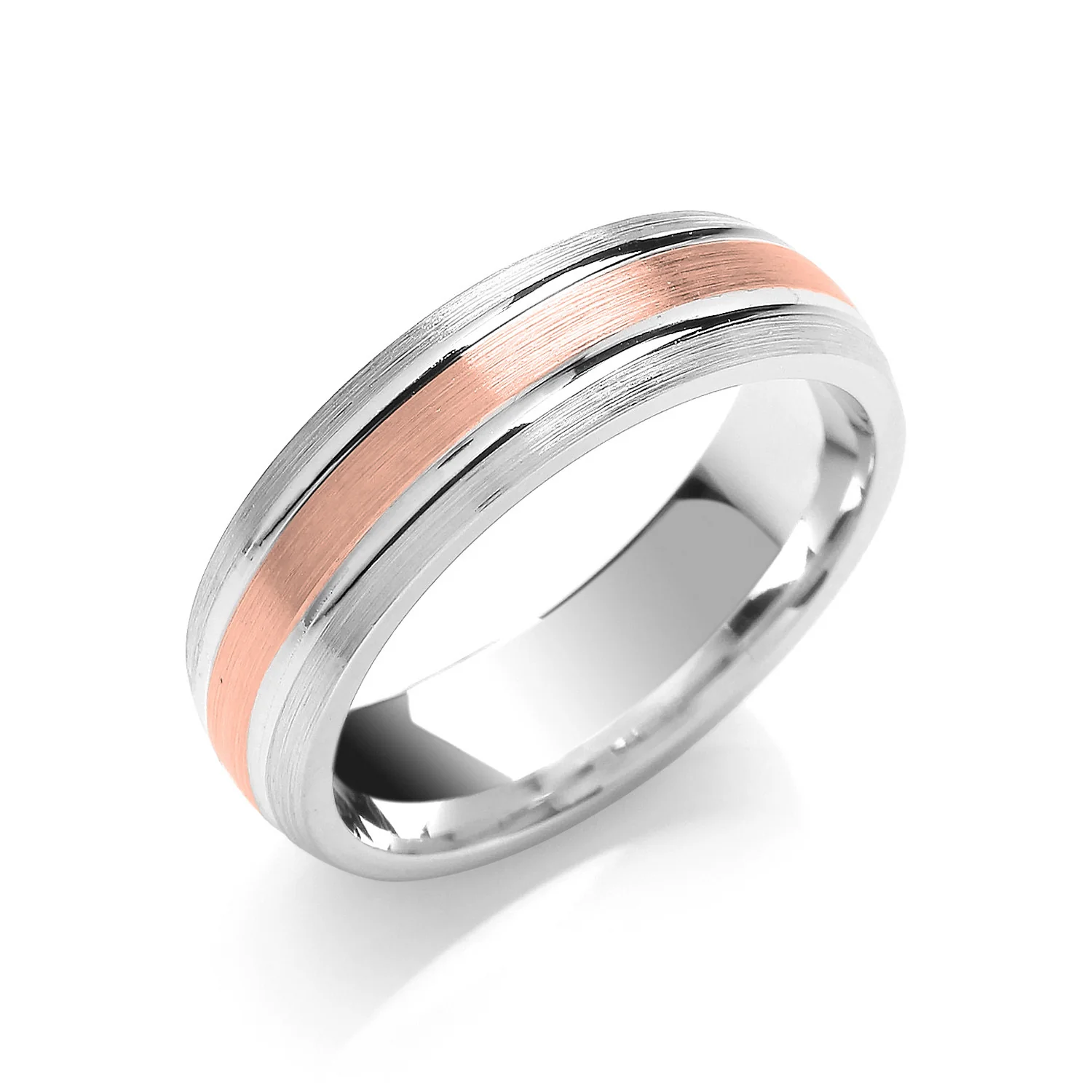 6mm Two Colour Court Matt Centre Parallel Groove Wedding Band - 18ct Gold - Image 2