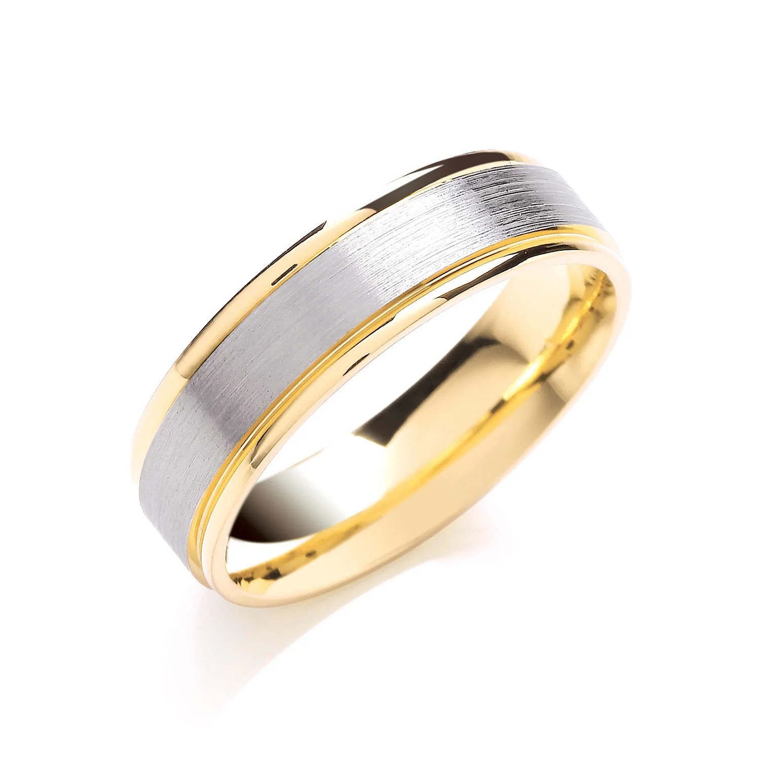 6mm Two Colour Flat Court Matt Centre - Polish Edge Wedding Band - 18ct Gold - Image 2