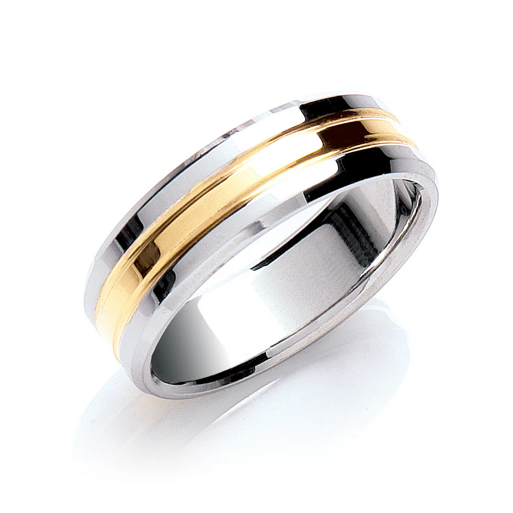 7mm F/C Bevelled Edge Polish Two Colour Wedding Band - 18ct Gold - Image 2