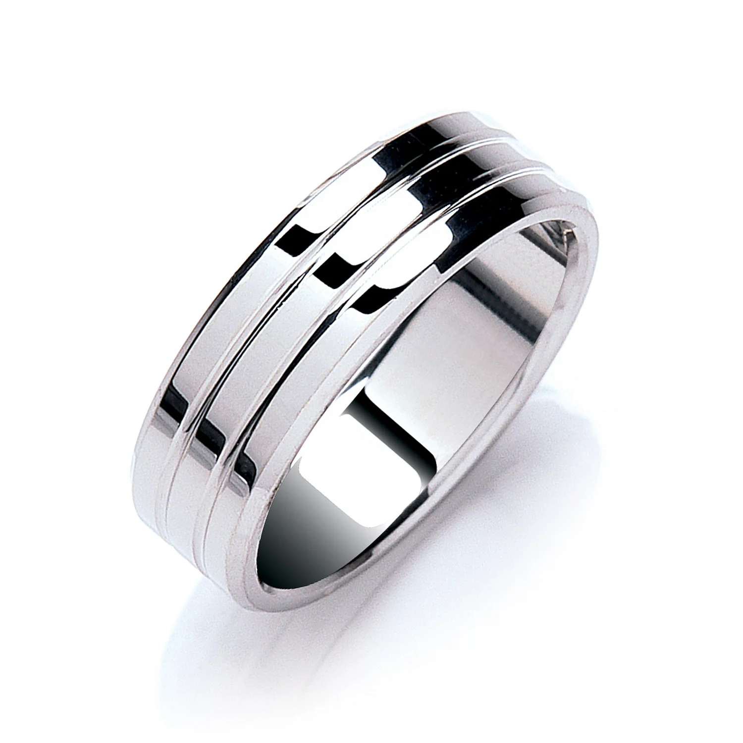 7mm Flat Court Bevelled Edge & Grooves Wedding Band - Platinum