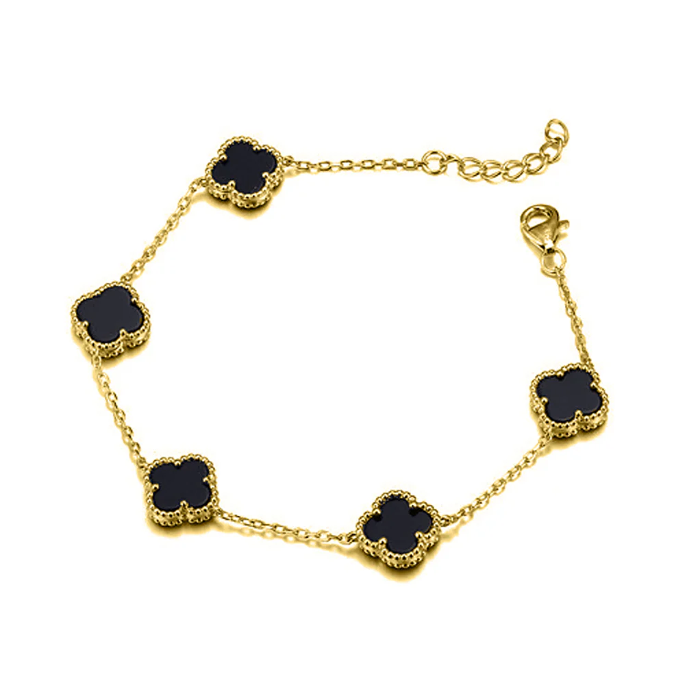 925 Silver 14ct gold Plated 5 Clover Bracelet Black Onyx Colour