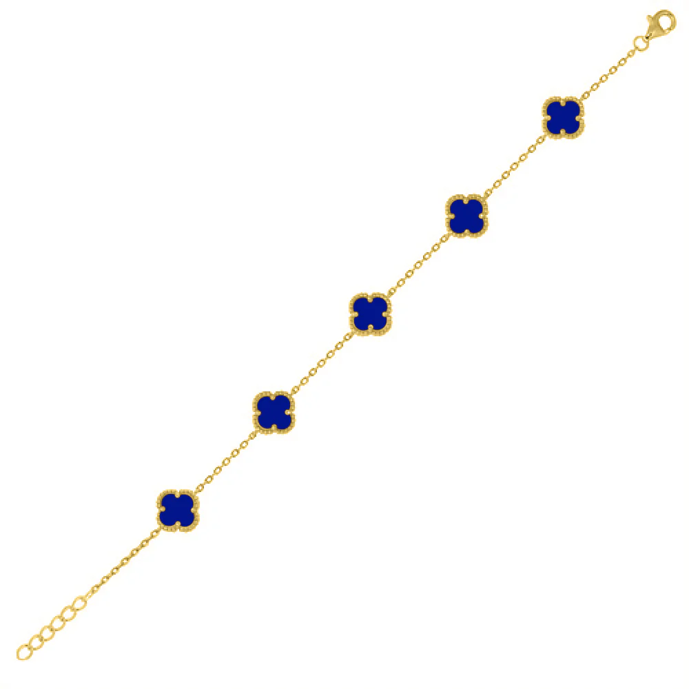 925 Silver 14ct Gold Plated Blue Agate Clover Bracelet - Image 3