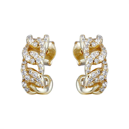 925 Silver 14ct Gold Plated Cubic Zirconia Set Curb Half Hoop Studs