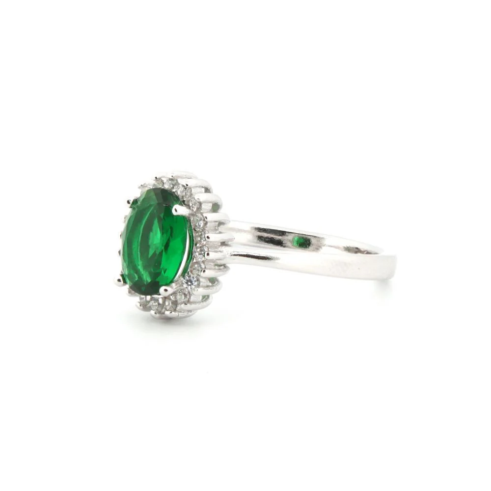 925 Silver Rhodium Cubic Zirconia Set Oval Cluster Emerald Green Centre - Image 2