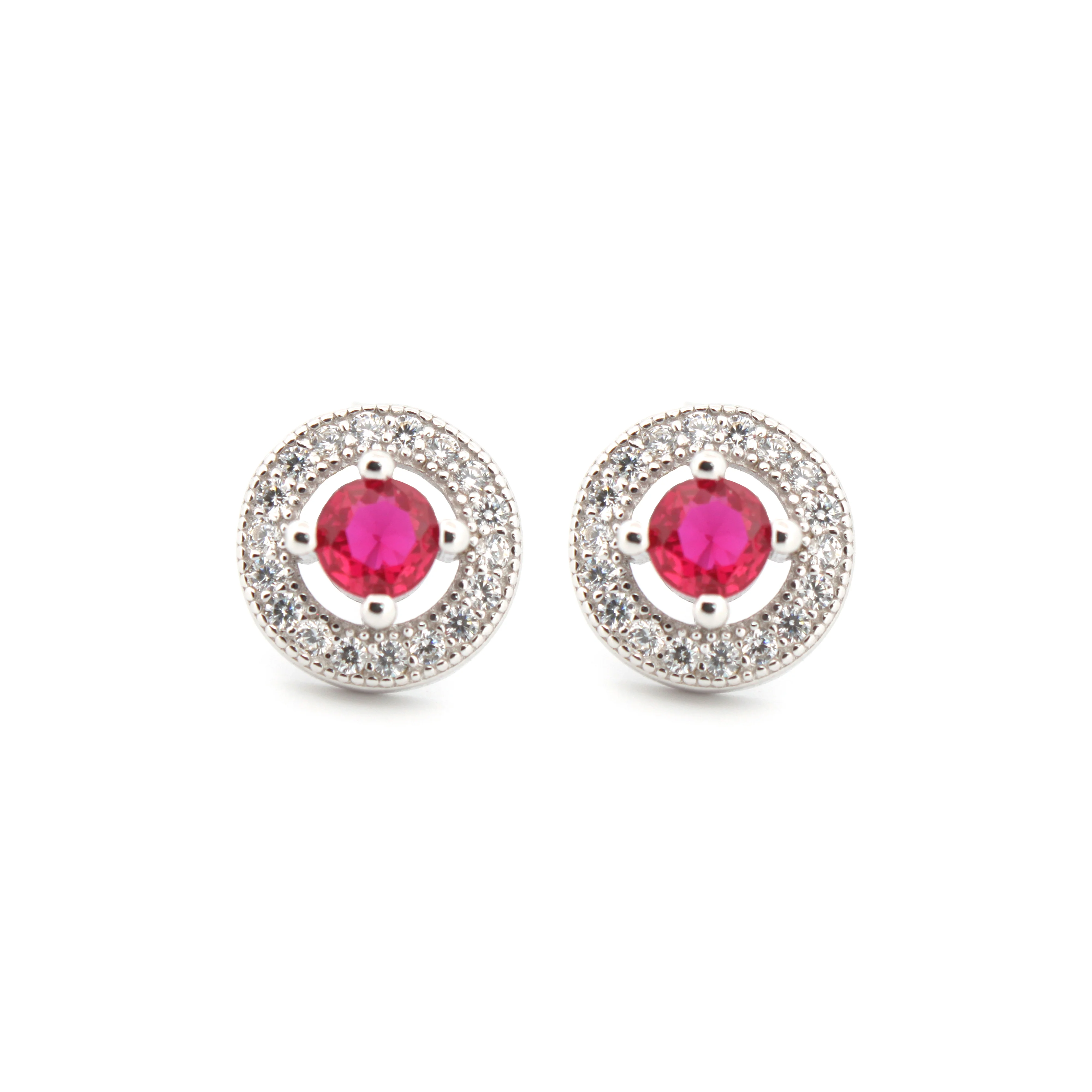 925 Silver Rhodium Halo Studs Ruby Centre Cubic Zirconia