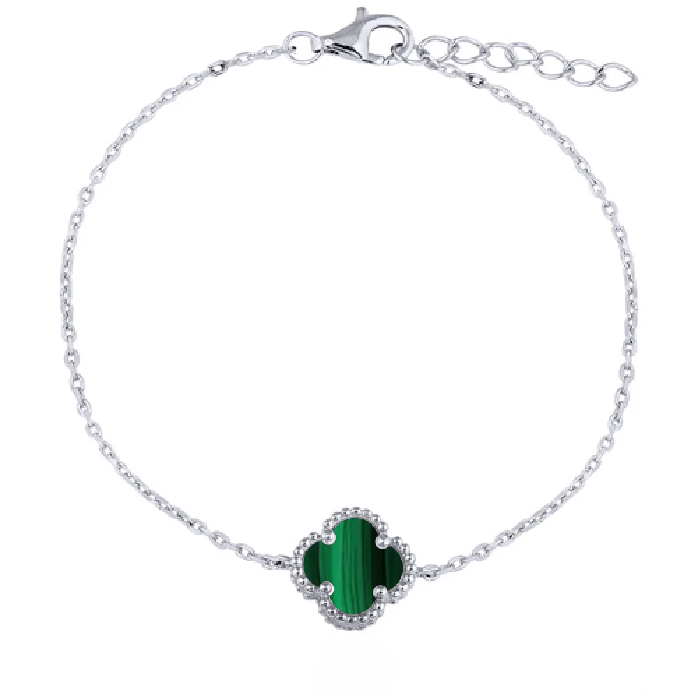 925 Silver Rhodium Plated Single Green Malachite Clover Bracelet - Image 2