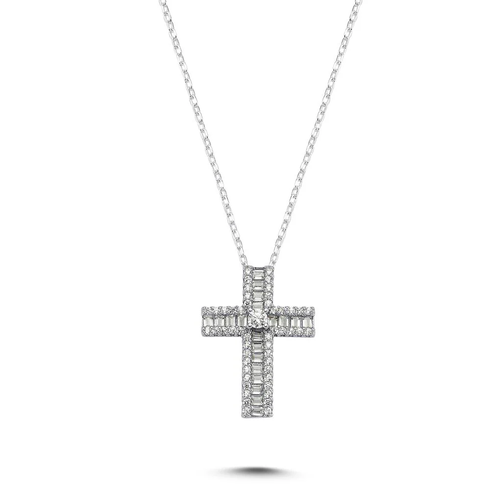 925 Silver Small Cubic Zirconia Brilliant and Baguette Cut Cross