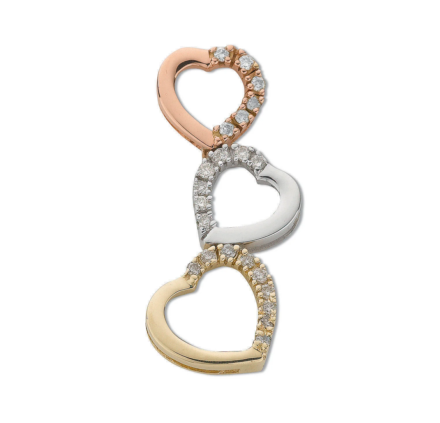 9ct Three Colour Gold 0.15ct Diamond Heart Drop Pendant - 9ct Gold