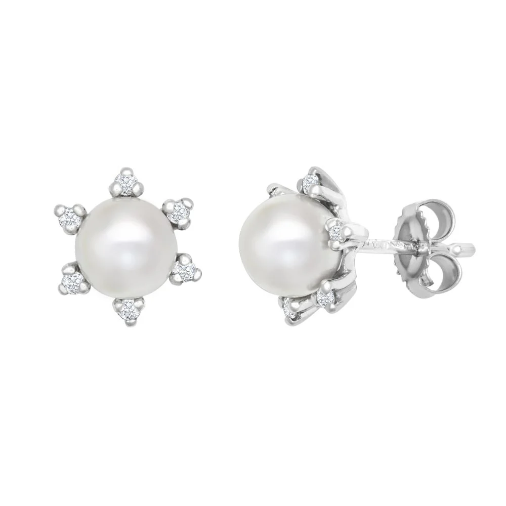 9ct White Dia-12pts 5.5-6.0mm Cultured Pearl Stud Earrings
