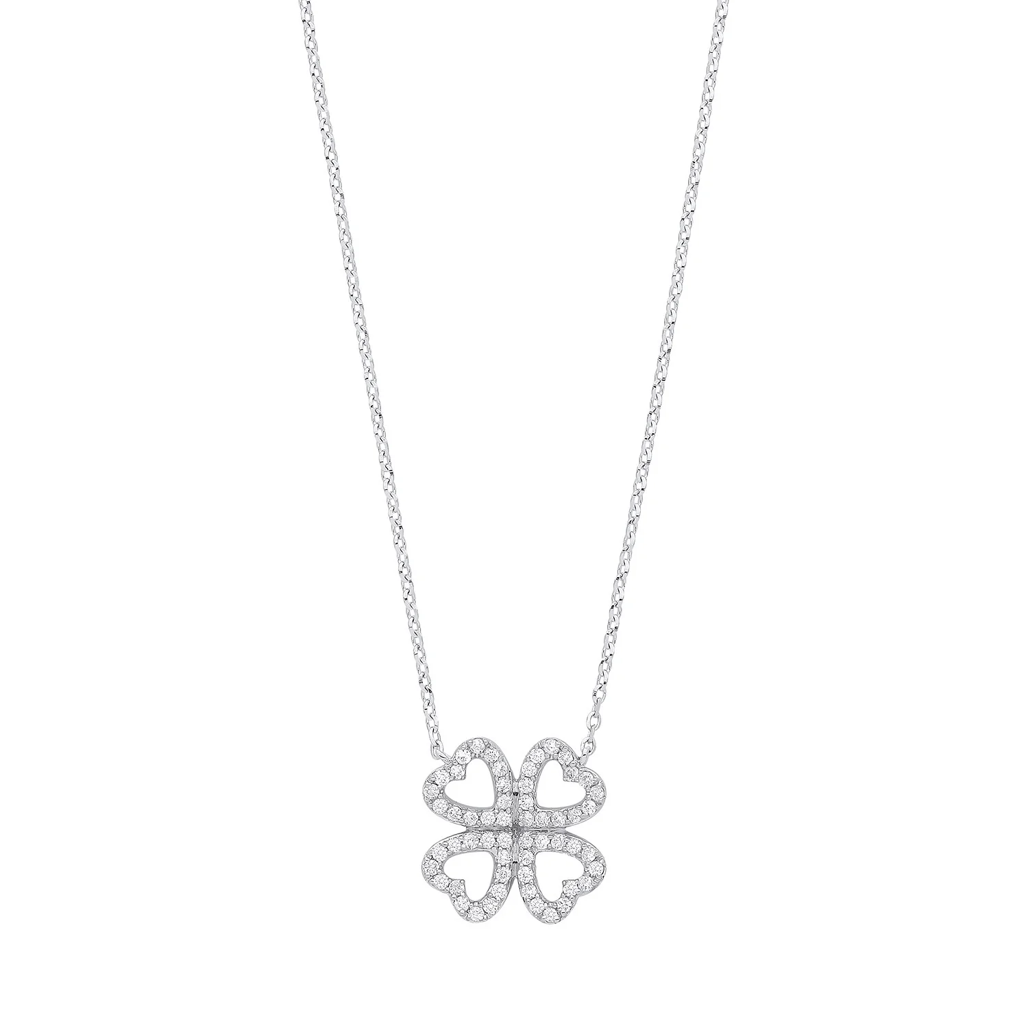 9ct White Gold 0.18ct Diamonds Four-leaf Clover (18in/45cm) Chain - 9ct Gold
