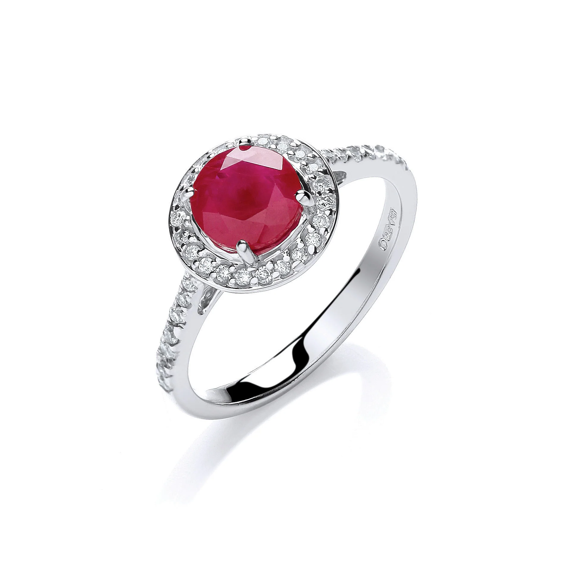 9ct White Gold 0.20ct Diamond, 0.70ct 5mm Ruby Ring - 9ct Gold