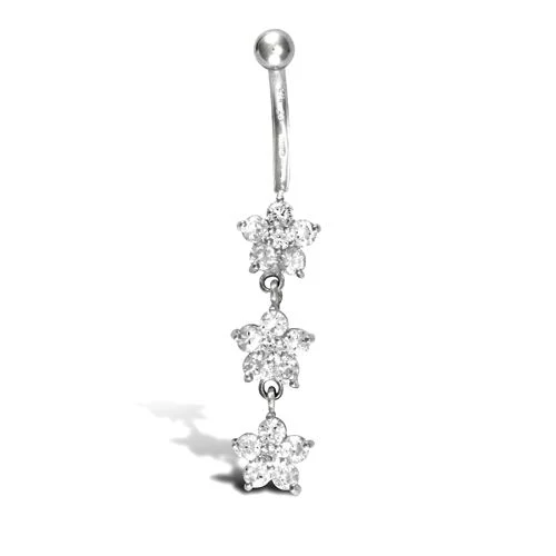 9ct White Gold Cubic Zirconia Flower Belly Bar Dropper