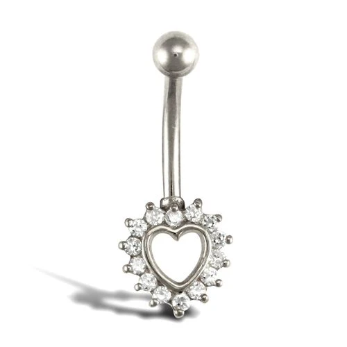 9ct White Gold Cubic Zirconia Heart Belly Bar