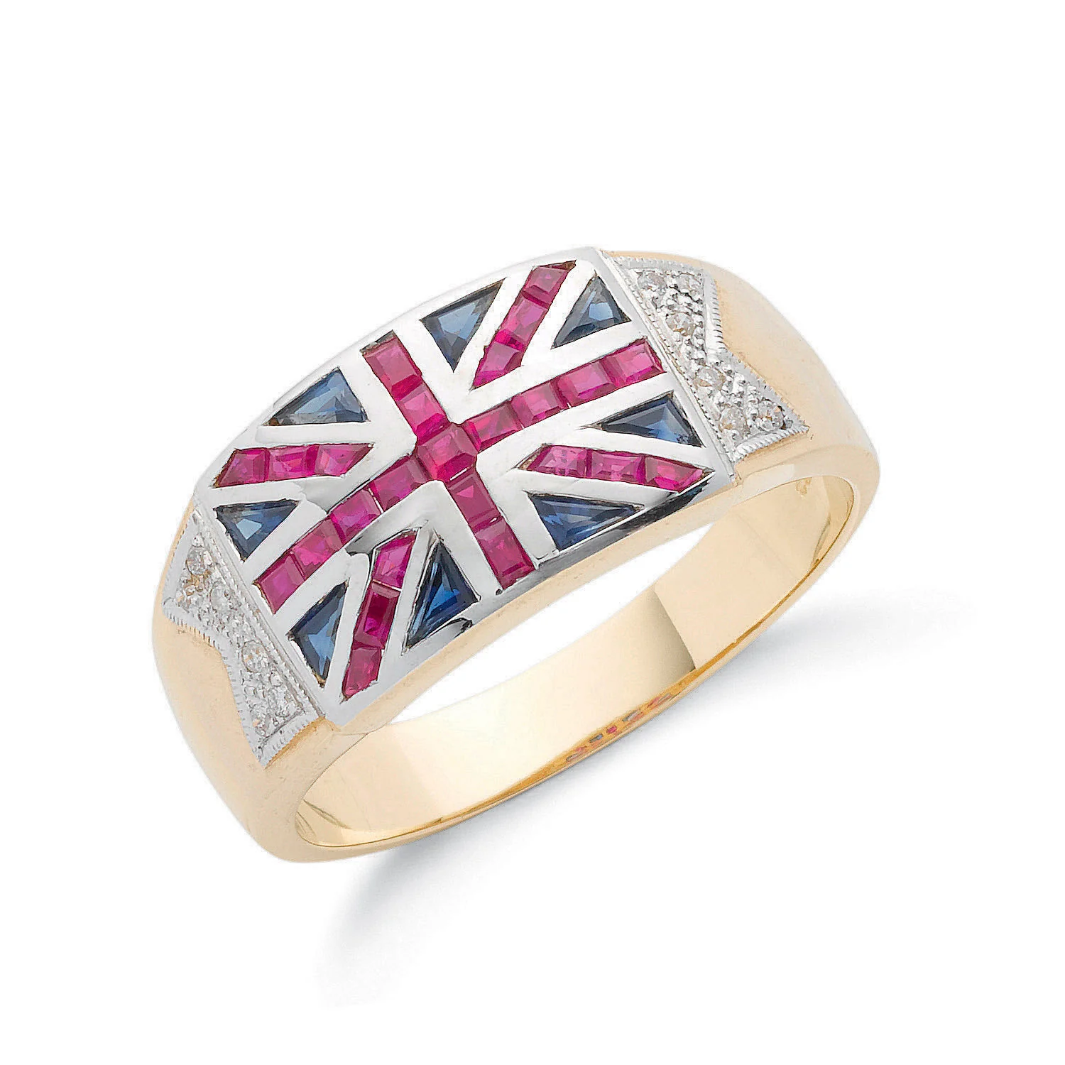 9ct Yellow Gold 0.06ct Diamond 0.30ct Blue Sapphire &1.00ct Ruby Union Jack Ring - 9ct Gold