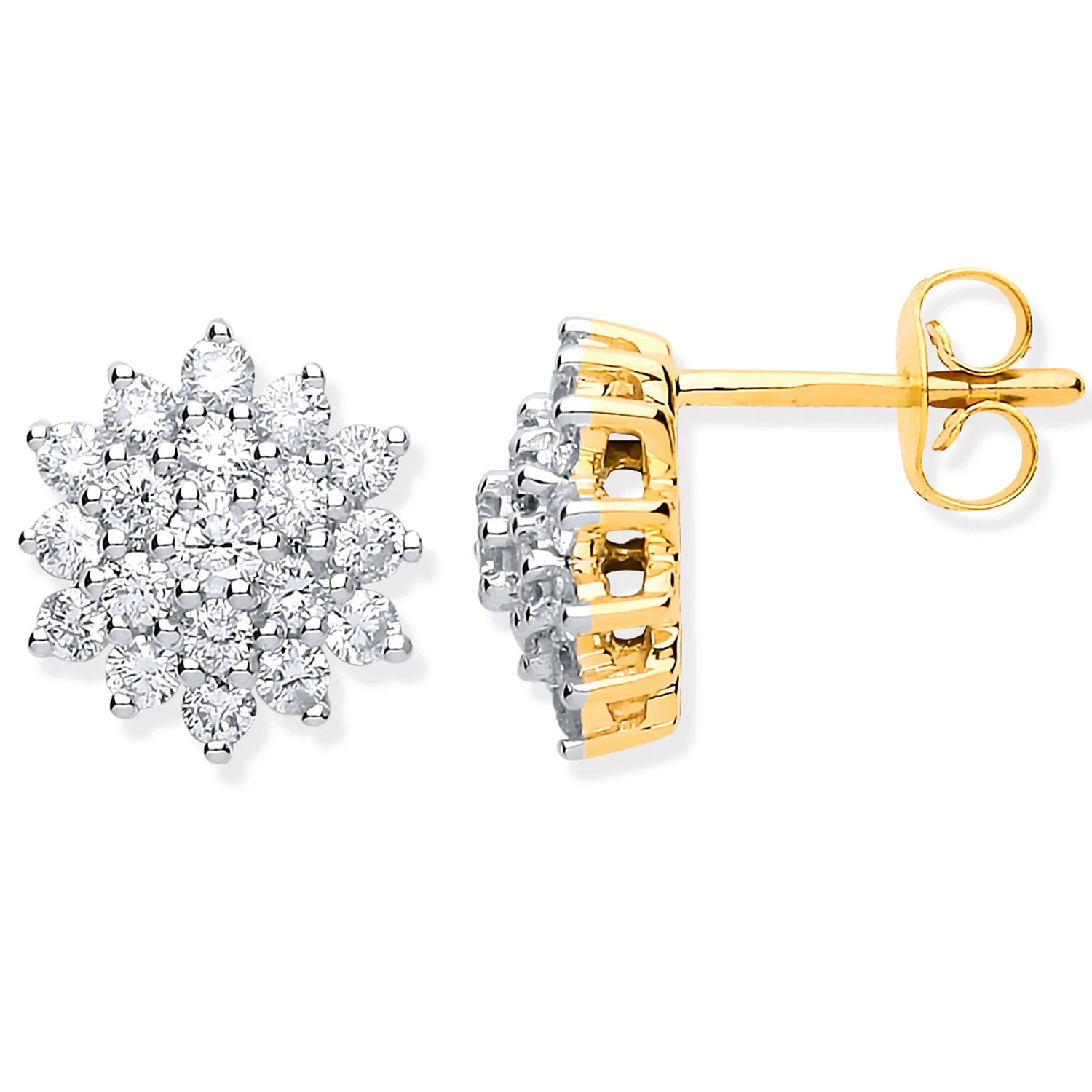 9ct Yellow Gold 1.00ct Diamond Cluster Stud Earrings - 9ct Gold