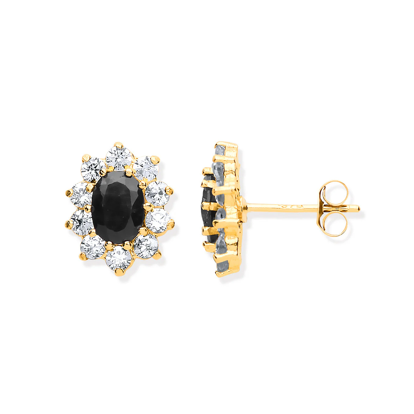 9ct Yellow Gold Black Sapphire & Cubic Zirconias Cluster Studs - 9ct Gold - Image 2