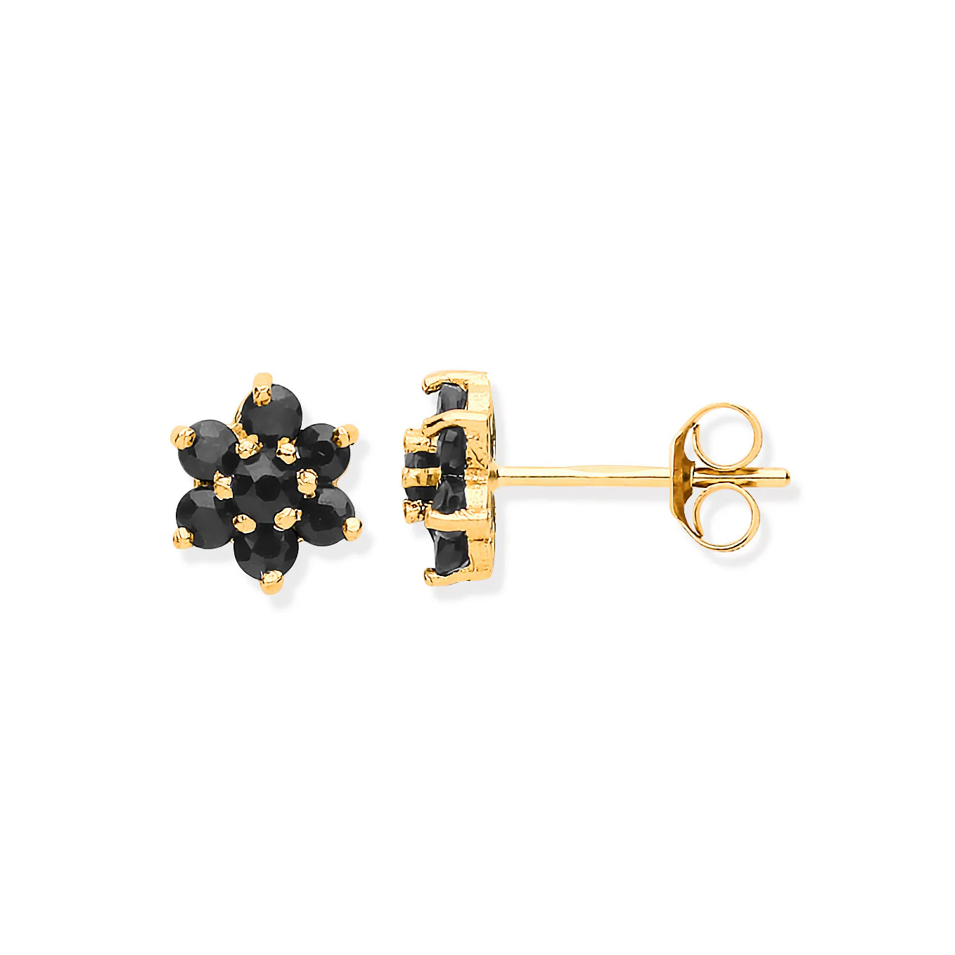 9ct Yellow Gold Black Sapphire Flower Studs - 9ct Gold - Image 2