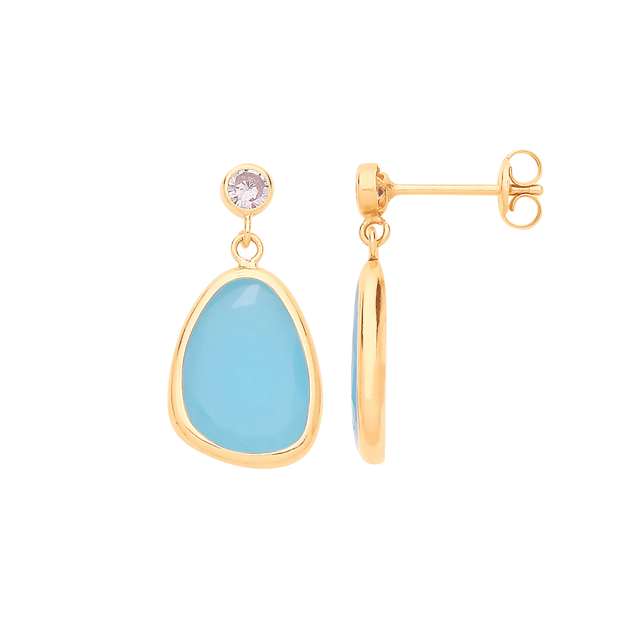 9ct Yellow Gold Cubic Zirconia and Blue Glass Drop Studs - 9ct Gold - Image 2