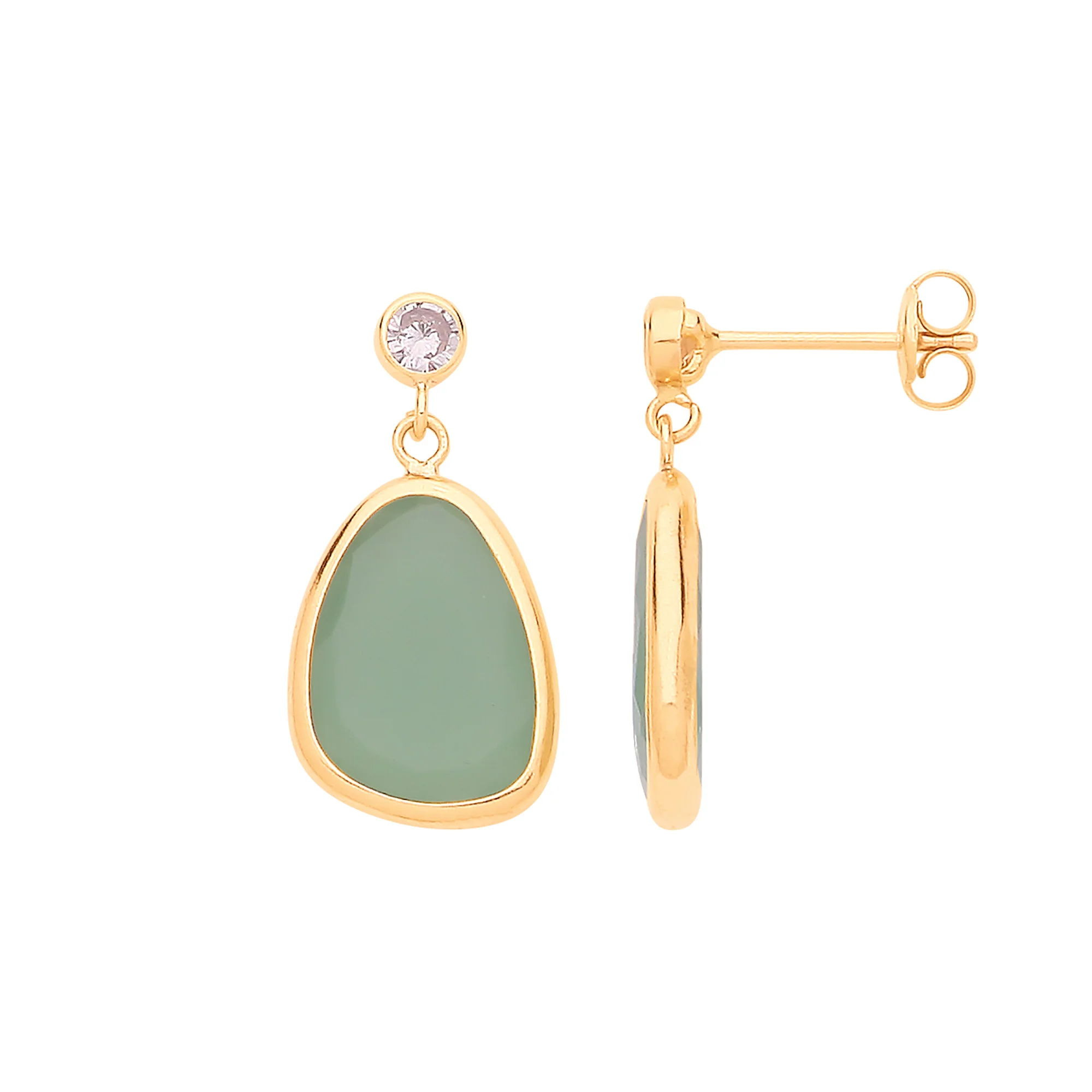 9ct Yellow Gold Cubic Zirconia and Green Glass Drop Studs - 9ct Gold - Image 2