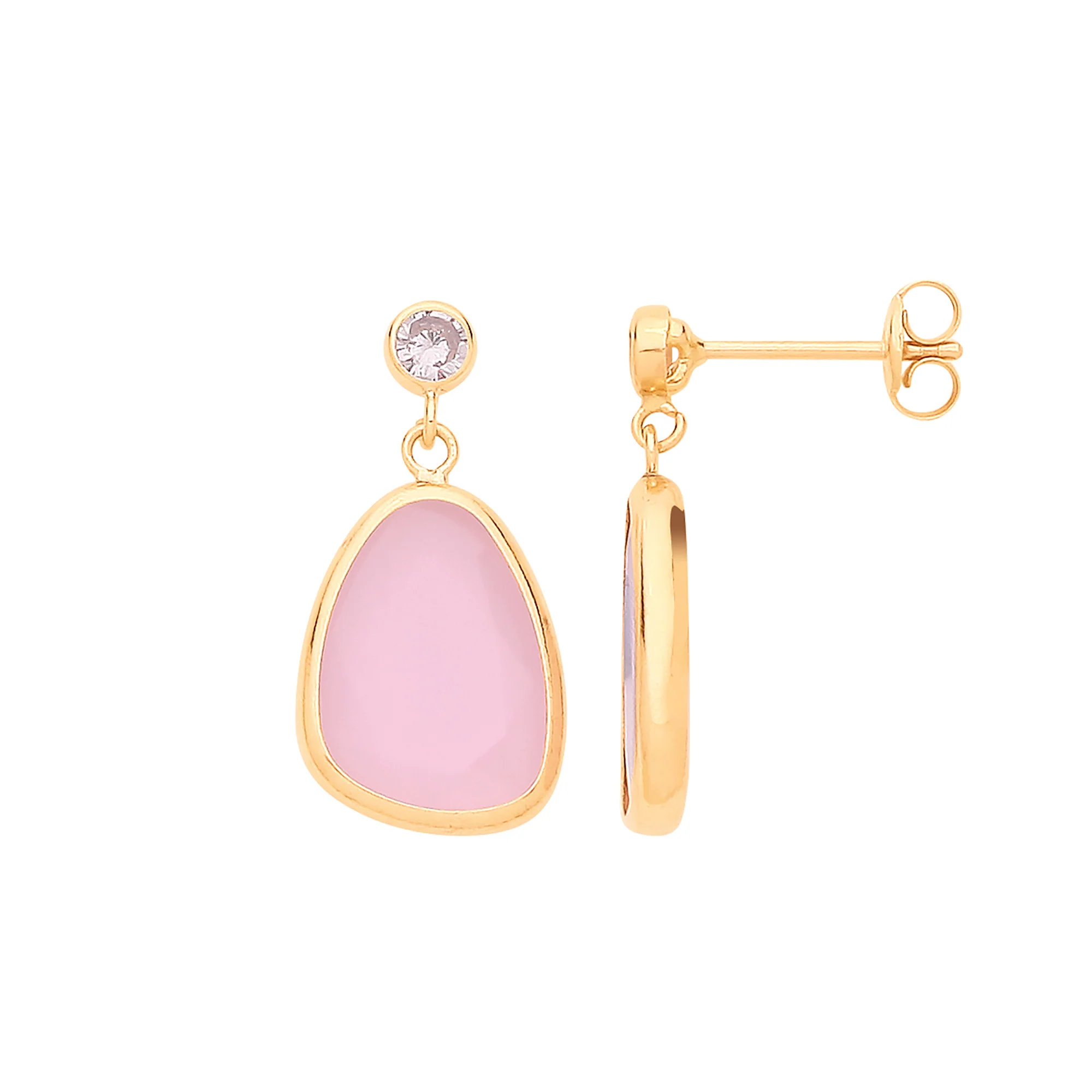 9ct Yellow Gold Cubic Zirconia and Pink Glass Drop Studs - 9ct Gold - Image 2