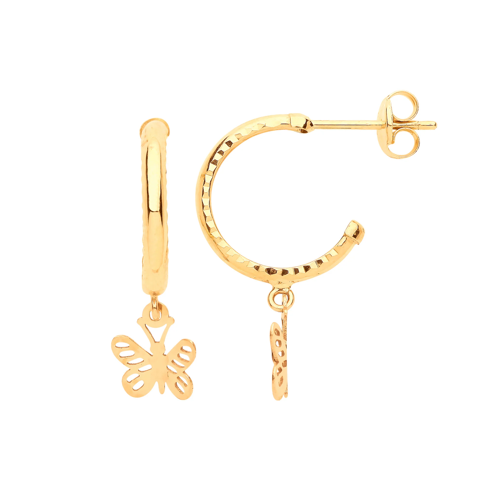 9ct Yellow Gold D/C Hoop Studs with Butterfly Drop - 9ct Gold - Image 2