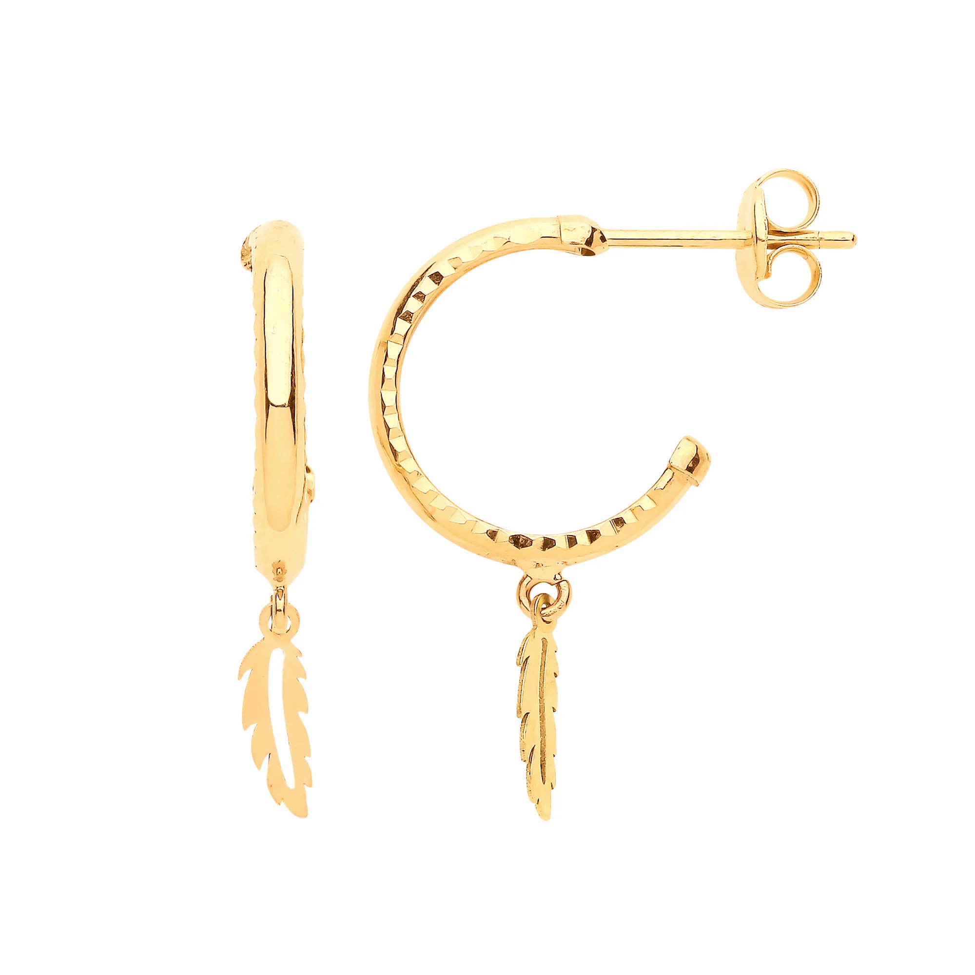9ct Yellow Gold D/C Hoop Studs with Feather Drop - 9ct Gold - Image 2