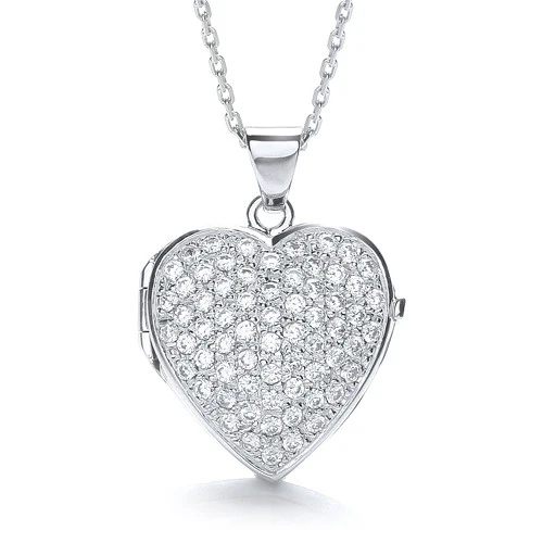Big Heart Shape All Cubic Zirconia's on Front Locket - Silver - Image 2