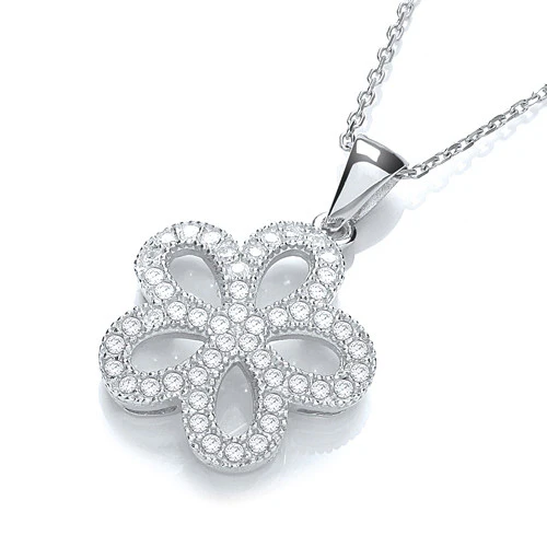 Daisy Shape Cluster Cubic Zirconia Pendant with 18" Chain - Silver - Image 2