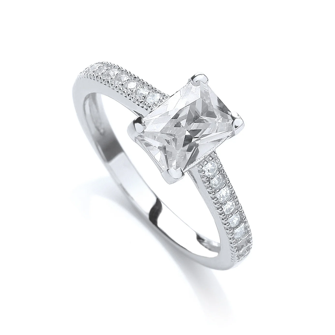 Fancy Emerald Cut Cubic Zirconia with Shoulders Ring - Silver - Image 2