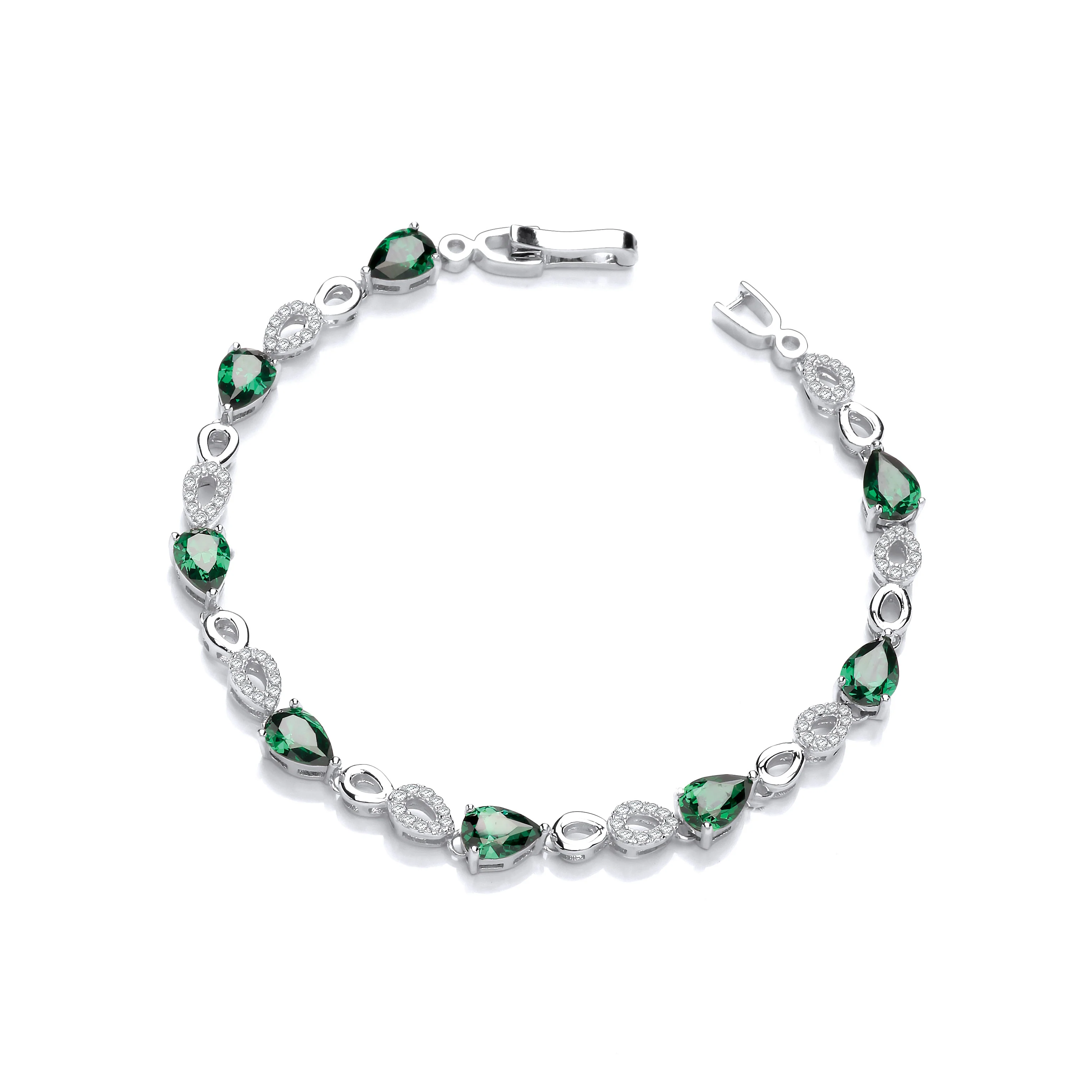 Green Teardrop Cubic Zirconia's Silver Ladies Bracelet - Silver - Image 2