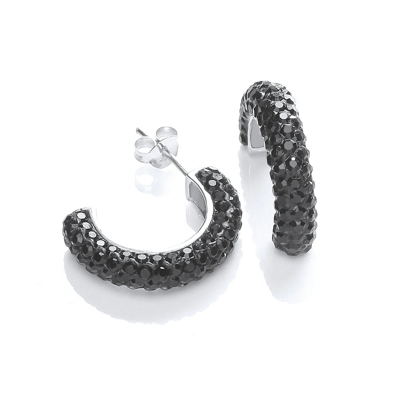 Half Hoop Stud with Black Cubic Zirconia - Silver