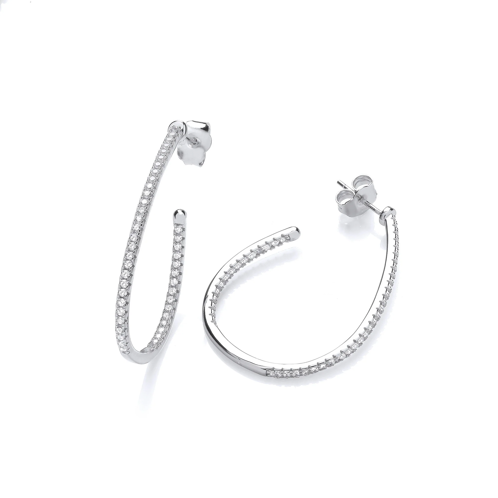 Half Hoop, Teardrop Cubic Zirconia Earrings - Silver - Image 2