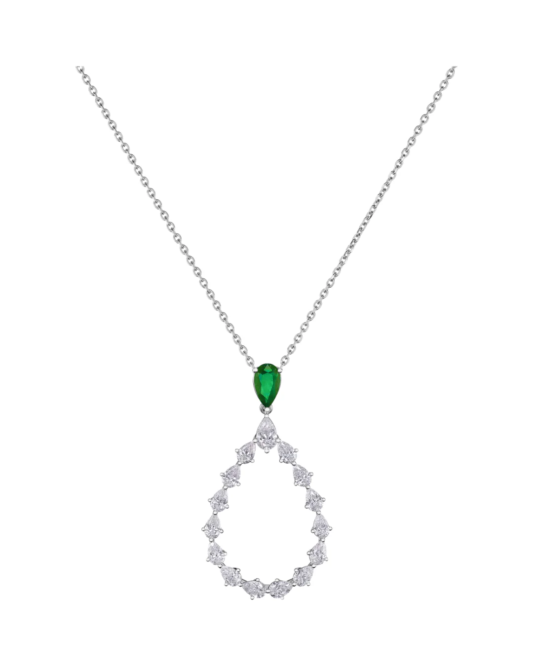 L'Heure Du Diamant Drop Diamond and Emerald Pendant 18ct White Gold