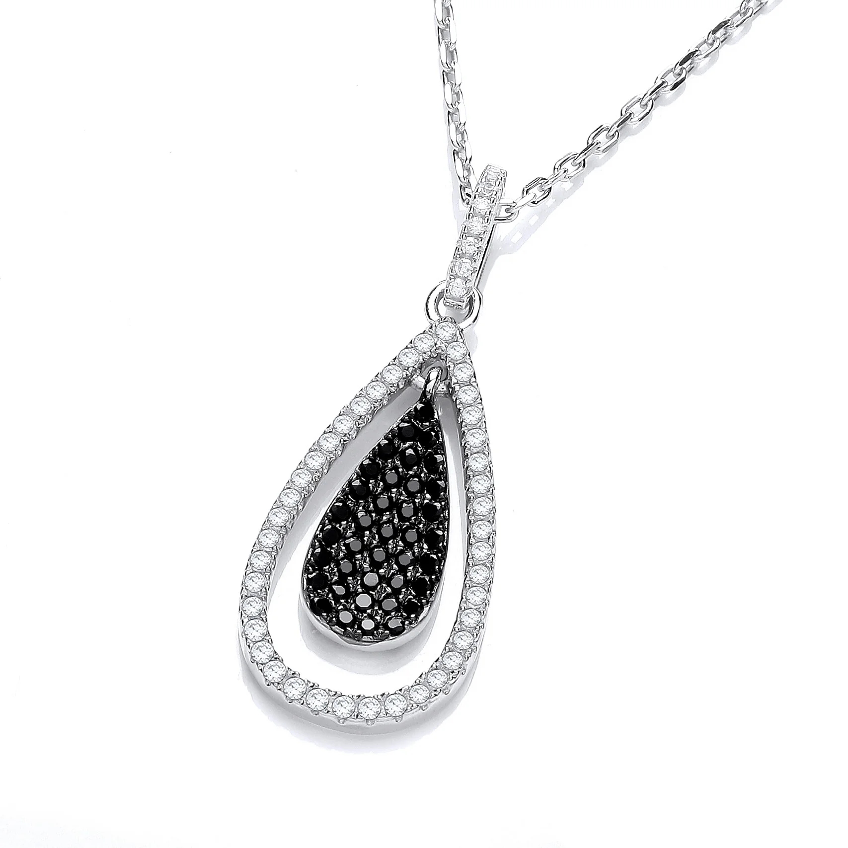 Micro Pave' Black & White Drop Pendant with 18" Chain - Silver - Image 3