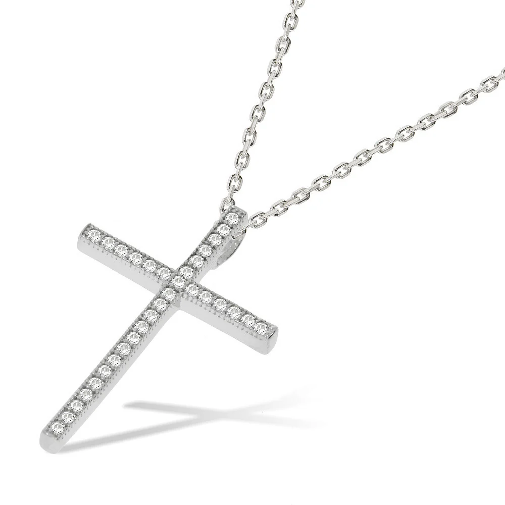 Micro Pave Cubic Zirconia Cross with Chain - Silver - Image 2