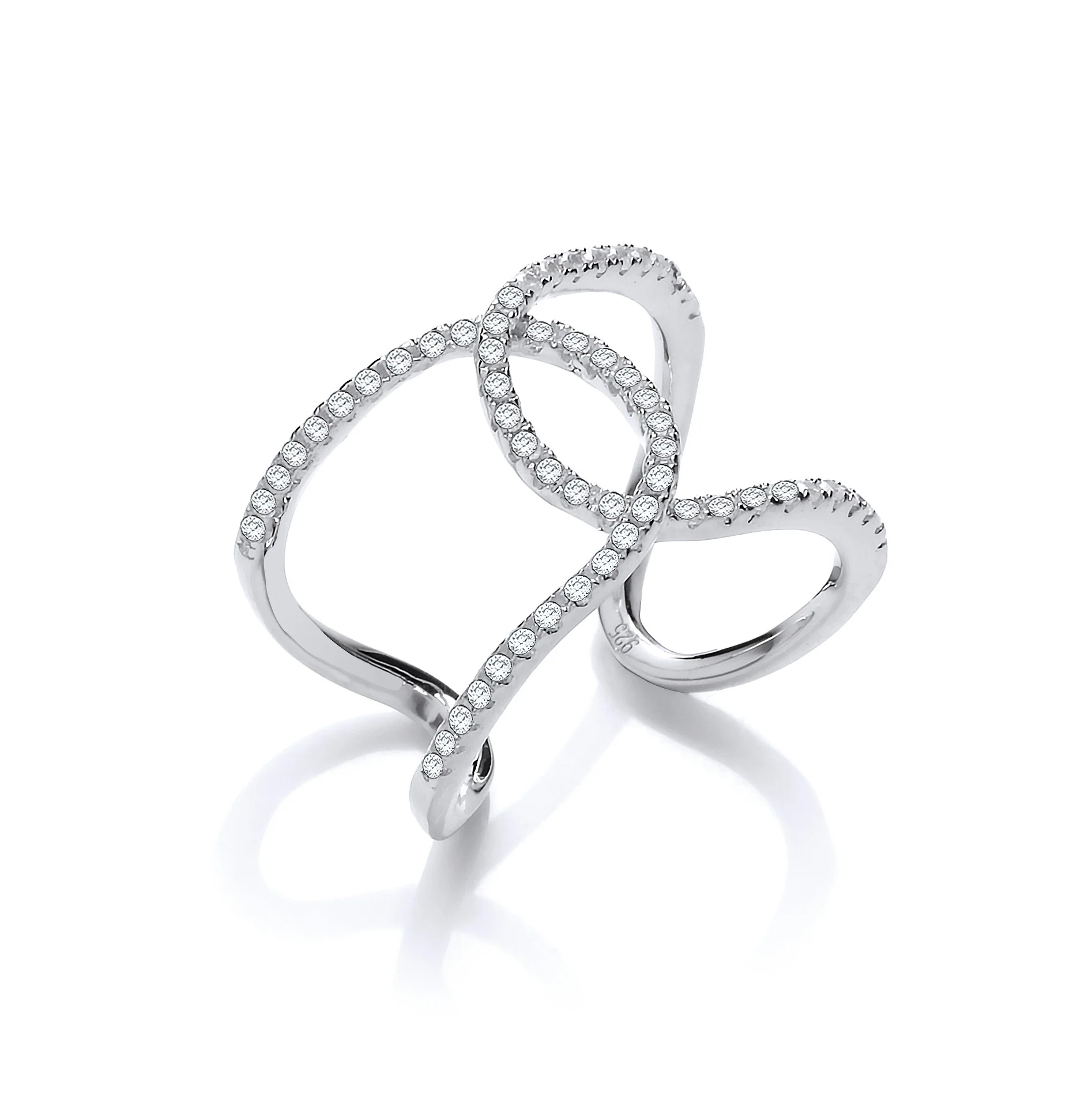 Micro Pave Cubic Zirconia Two Row Interlocking Cuff Silver Ring - Silver - Image 2