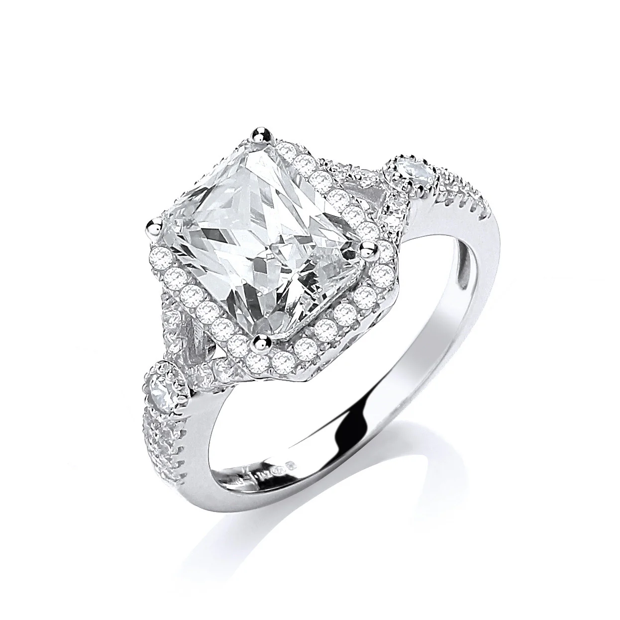Micro Pave' Emerald Cut Centre Cubic Zirconia Ring - Silver - Image 2