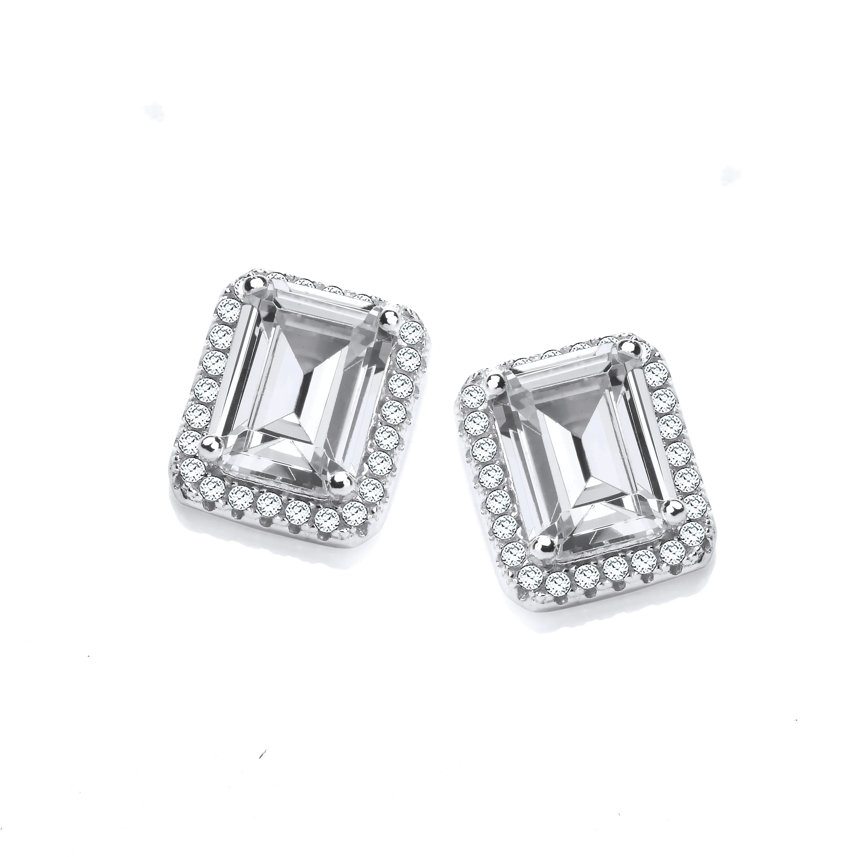 Micro Pave Emerald Cut Cubic Zirconia Silver Stud Earrings - Silver - Image 2